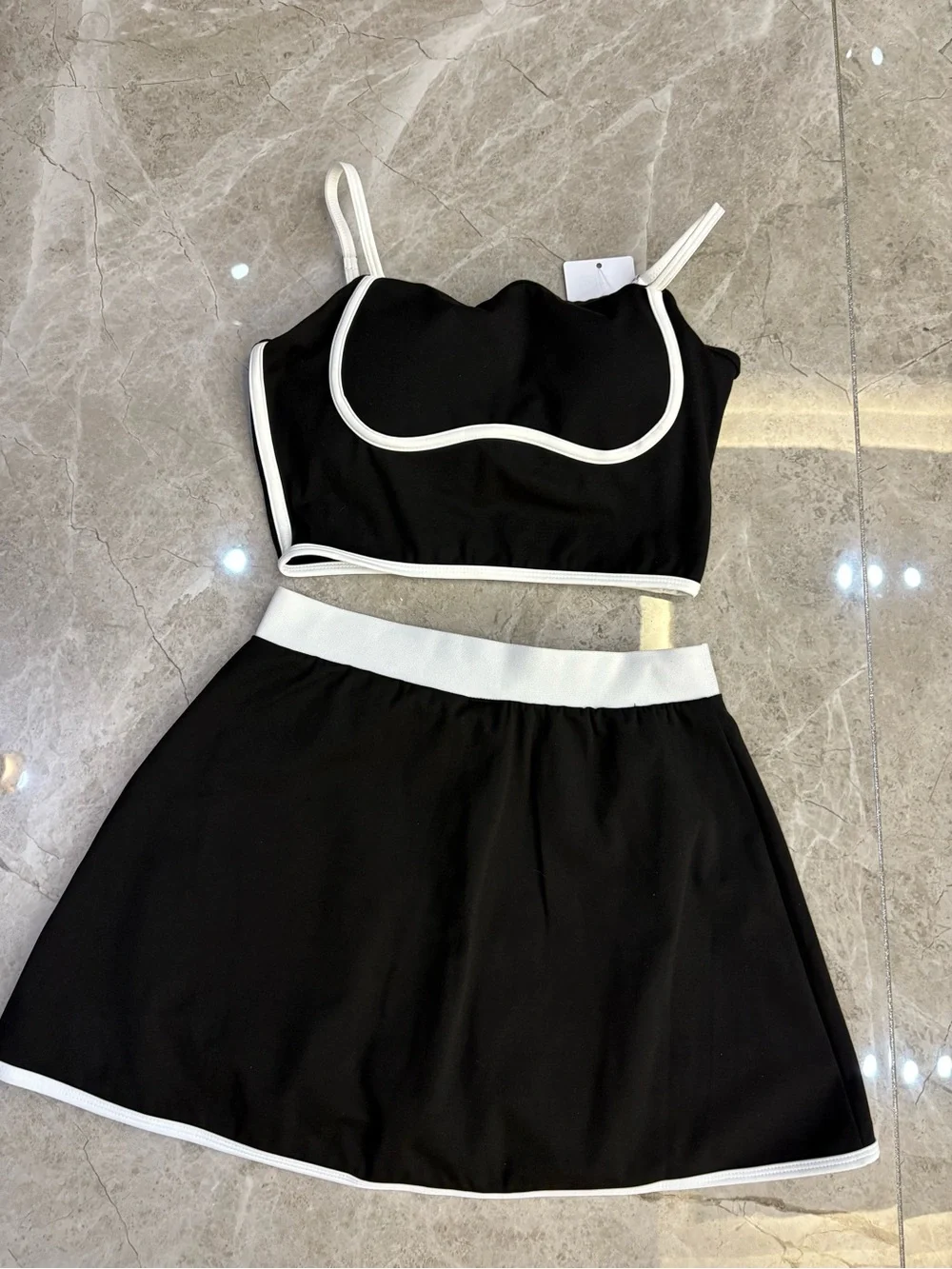 ALO Yoga Black and White Backless Crop Top and Skirt Set - Picture 5 of 5